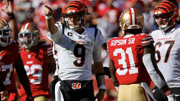Bengals quarterback Joe Burrow after getting a first down against the San Francisco 49ers.
